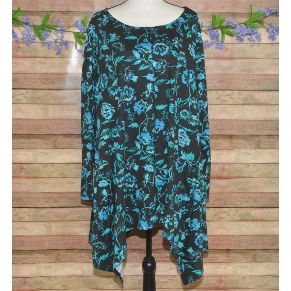 Roaman's Black Green Floral Asymmetric Hem Tunic Blouse Plus Size 3X Romantic